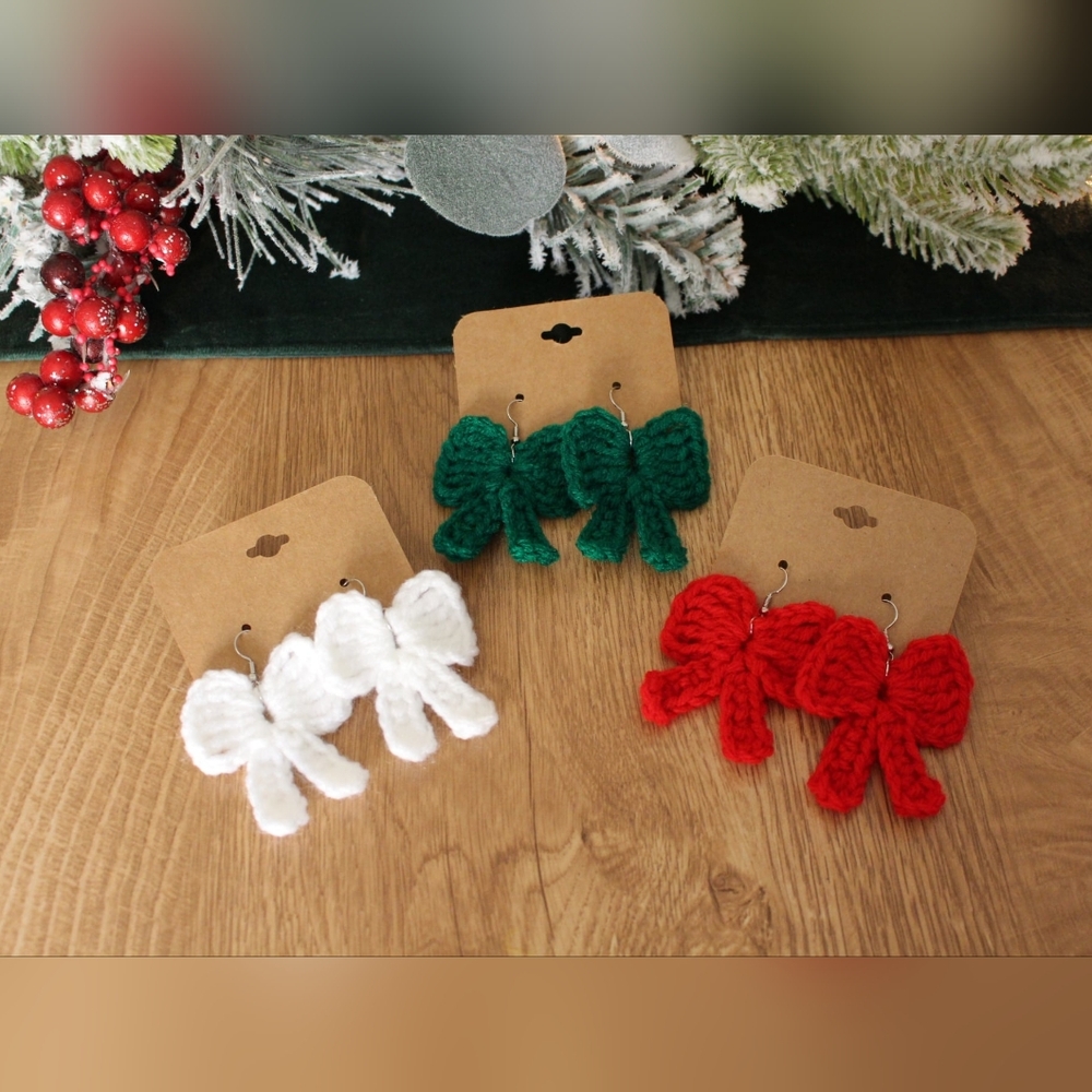 Handmade Bow Earrings (Green, Red, White OR Requests)